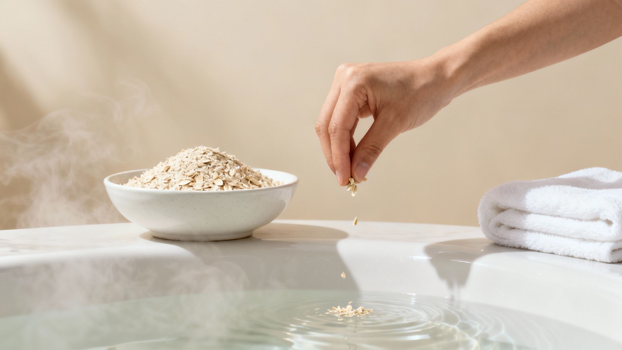 A hand sprinkles oatmeal into a steaming warm bath for skin soothing, next to a bowl of oats.