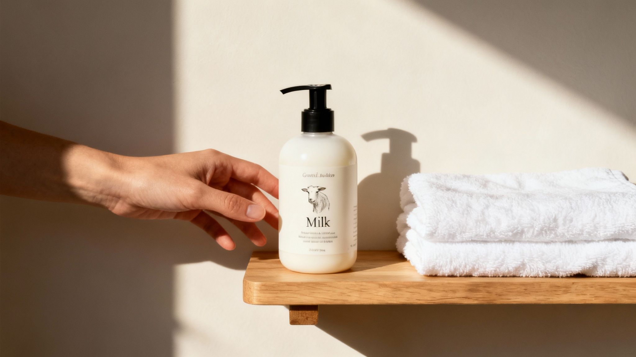 Hand reaching for goat milk lotion pump bottle on wooden shelf beside white towels
