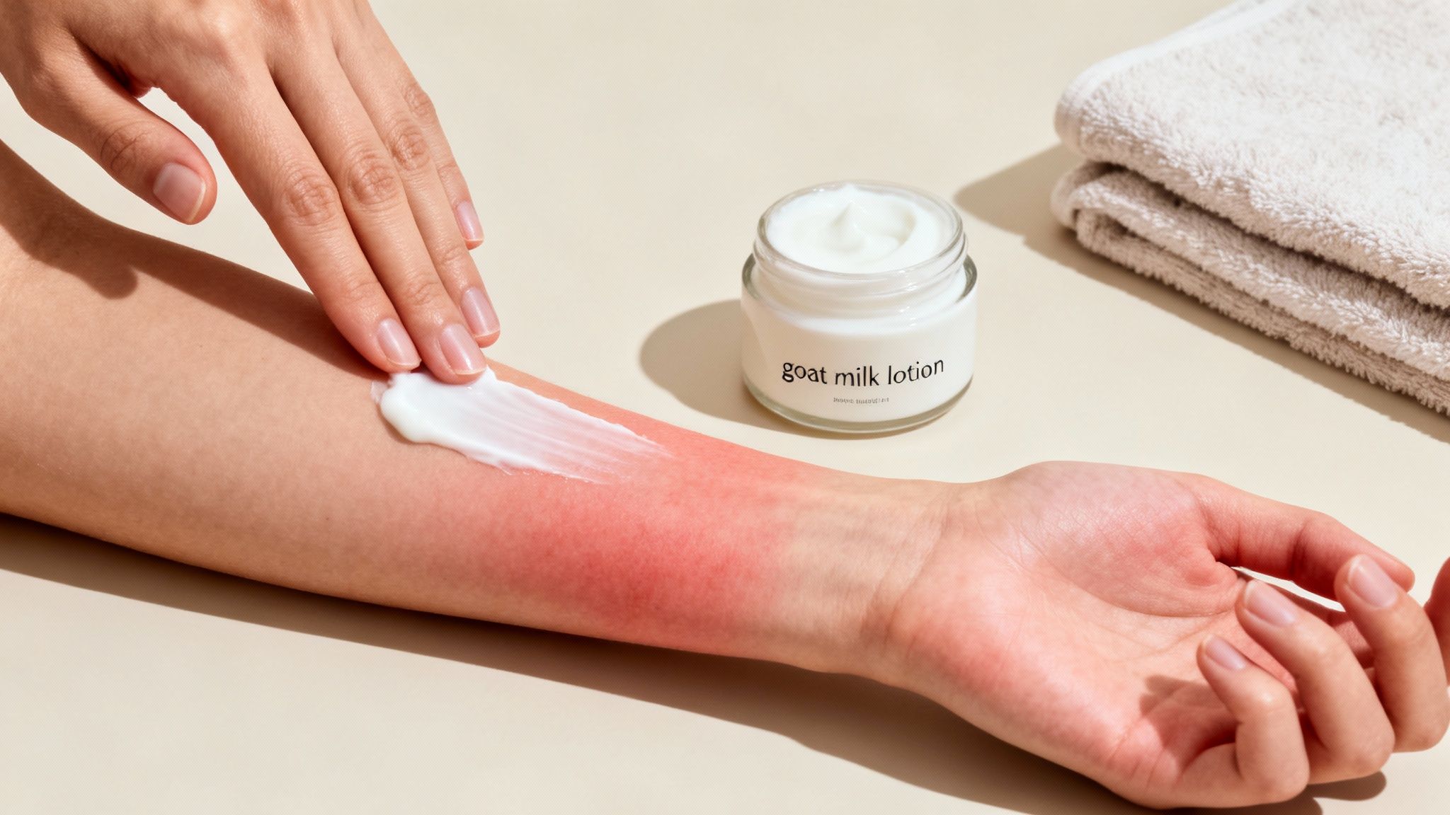 A hand applies white goat milk lotion to a red, irritated forearm next to a jar.