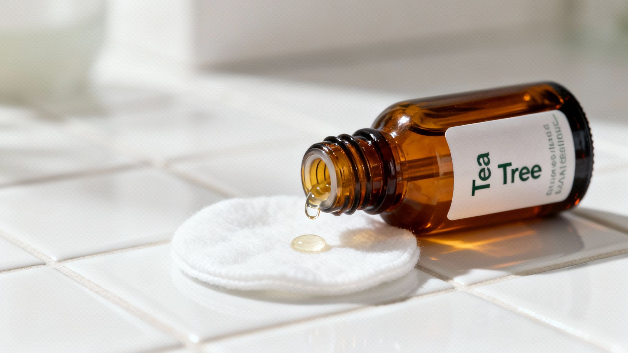 A drop of Tea Tree essential oil falls from an amber bottle onto a white cotton pad.