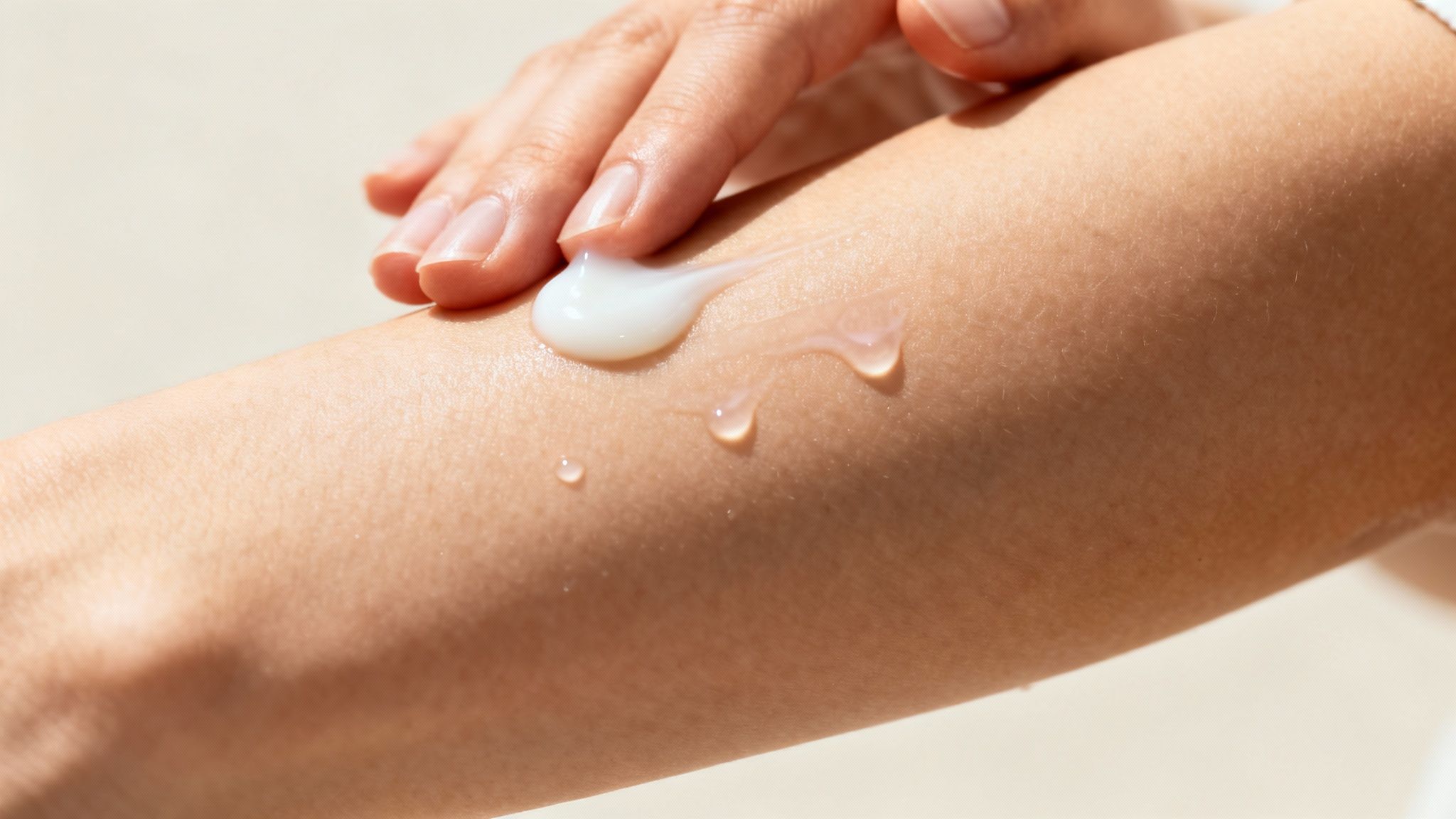 Close-up of a hand applying a creamy white lotion to a person's arm, showcasing hydrated skin.
