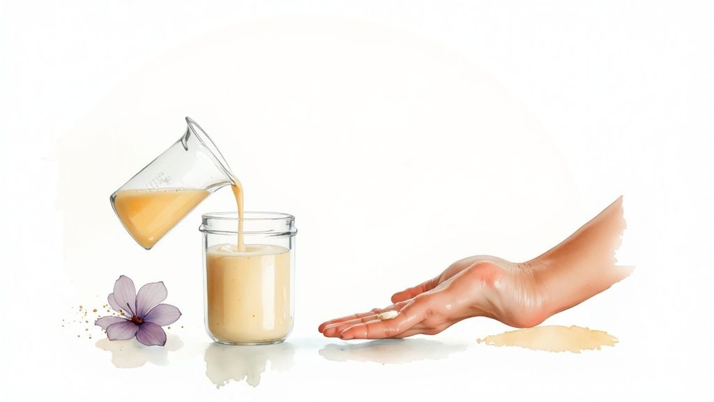 A handcrafted bar of goat milk soap next to fresh lavender and a bottle of lotion, emphasizing natural ingredients.