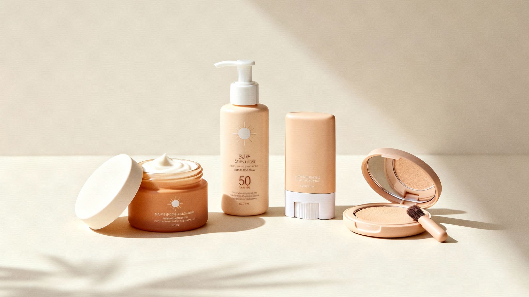 Peach-toned sunscreen collection with SPF 50 lotion, cream, stick and powder compact on white surface