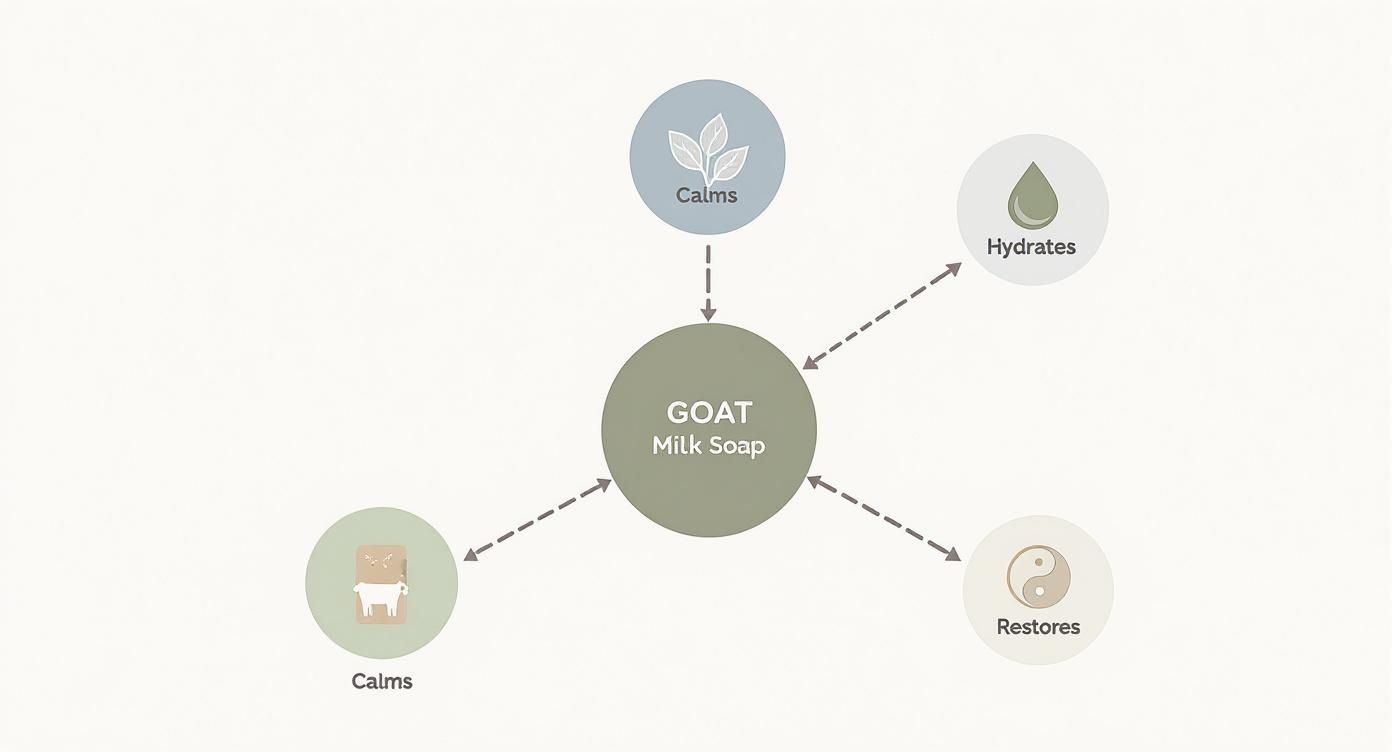 Diagram illustrating goat milk soap benefits: calms, hydrates, and restores skin.