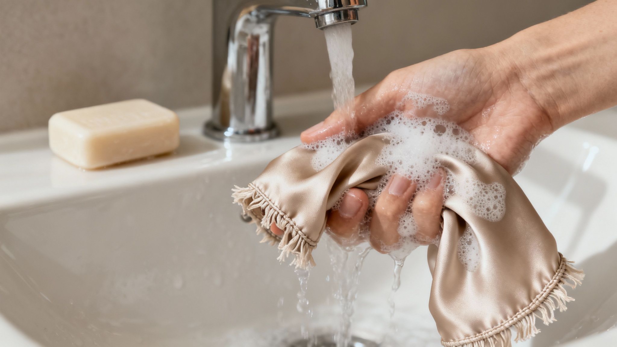 Hands washing beige reusable cloth under running water with soap suds in bathroom sink