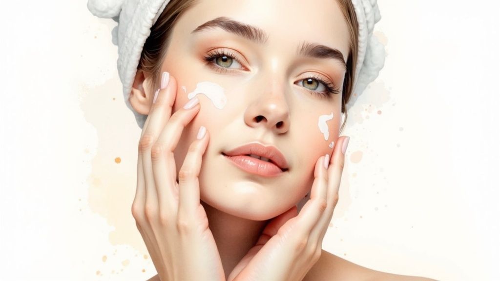 A person applying mineral sunscreen to their face using the two-finger rule.