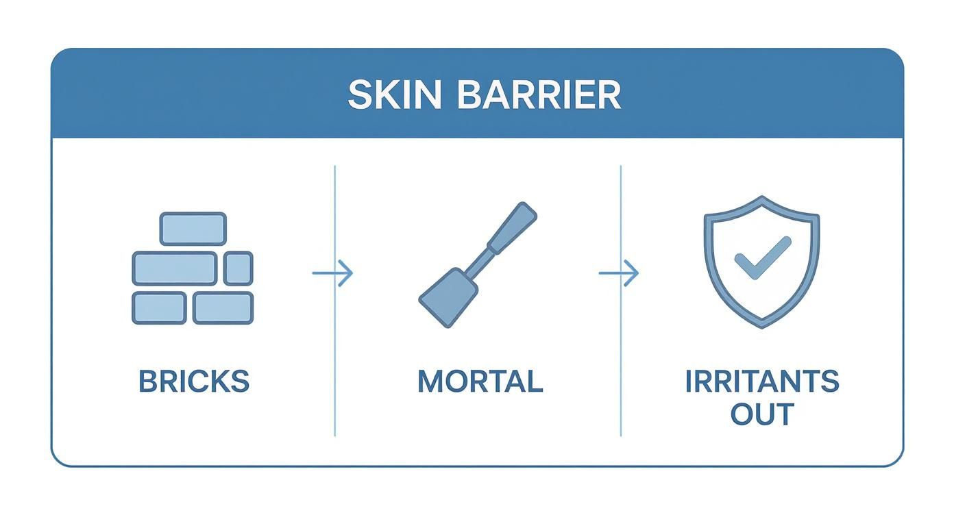 Diagram showing skin barrier function with bricks representing structure, mortar as binding agent, and shield indicating protection from irritants