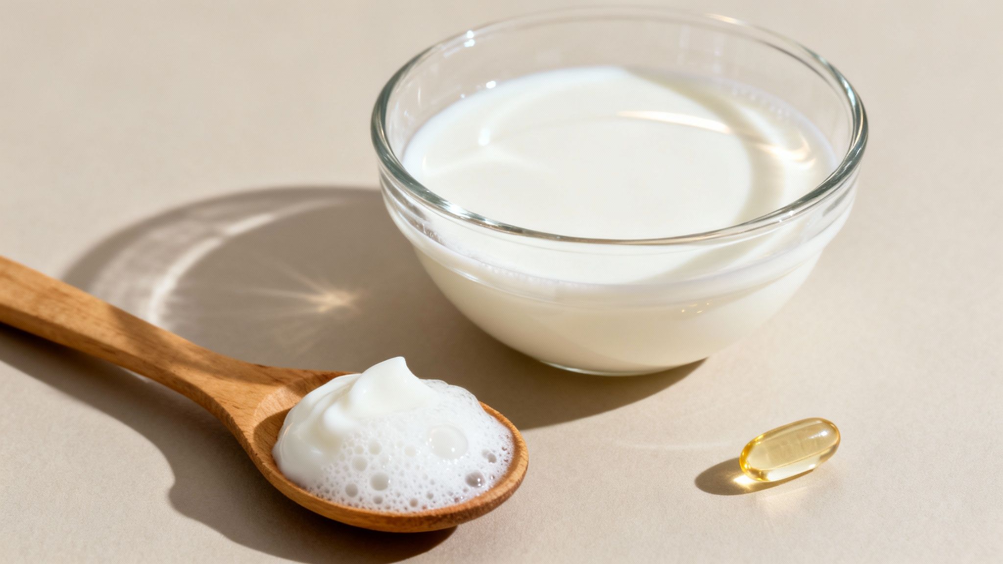 A bowl of milk, a wooden spoon with foamy cream, and a yellow capsule on a light background.