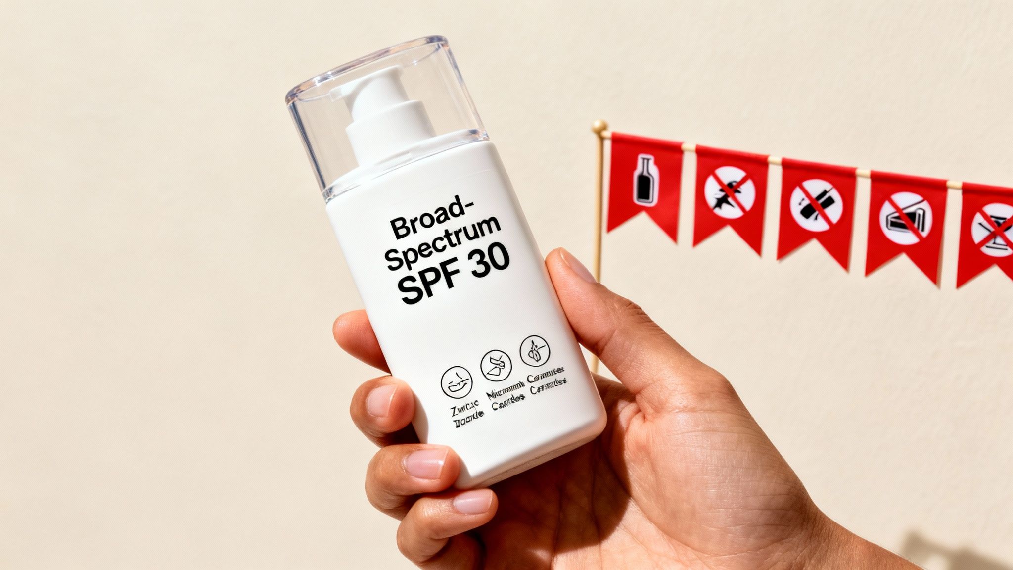 Hand holding broad spectrum SPF 30 sunscreen bottle with warning flags in background
