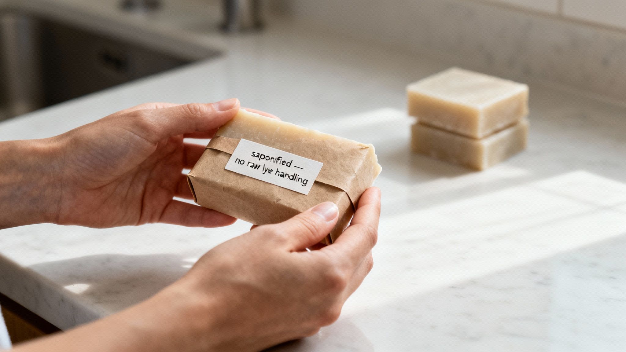 Hands holding handmade soap wrapped in brown paper with saponified no raw lye handling label