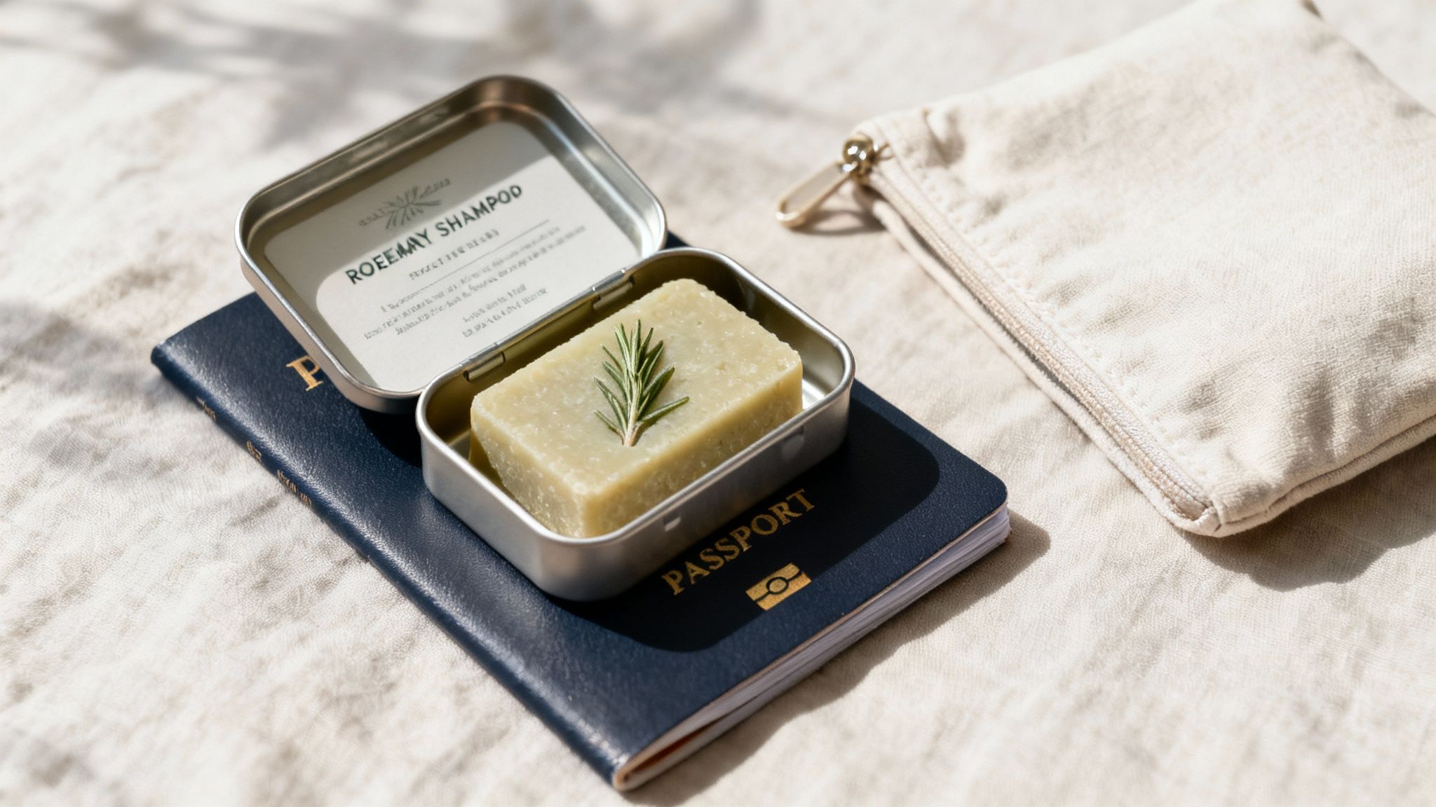 A rosemary shampoo bar in a metal tin, placed on a passport next to a beige travel pouch.
