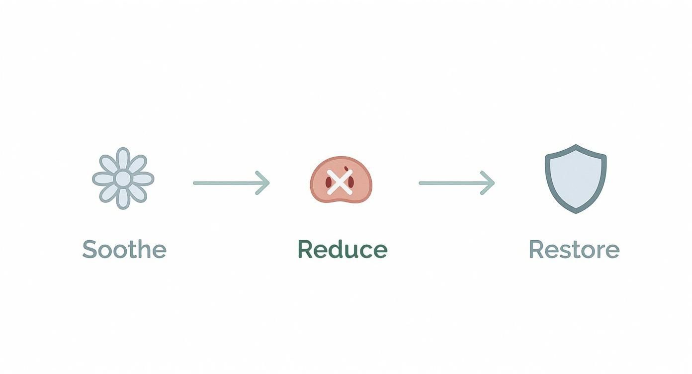 A diagram showing three steps: Soothe (flower icon), Reduce (crossed-out organ icon), and Restore (shield icon).