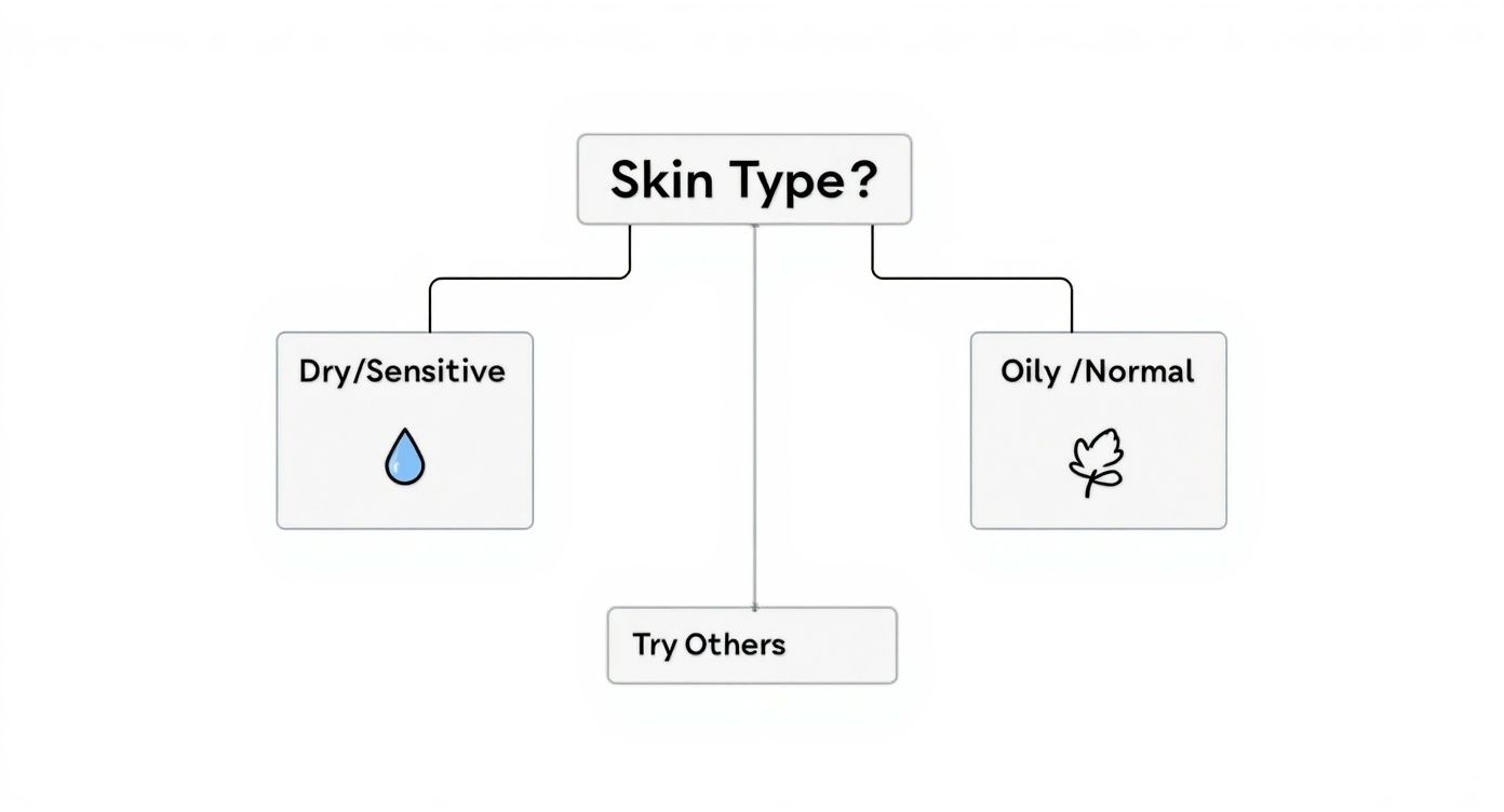 A flowchart diagram asking 'Skin Type?' with options for 'Dry/Sensitive', 'Oily/Normal', and 'Try Others'.
