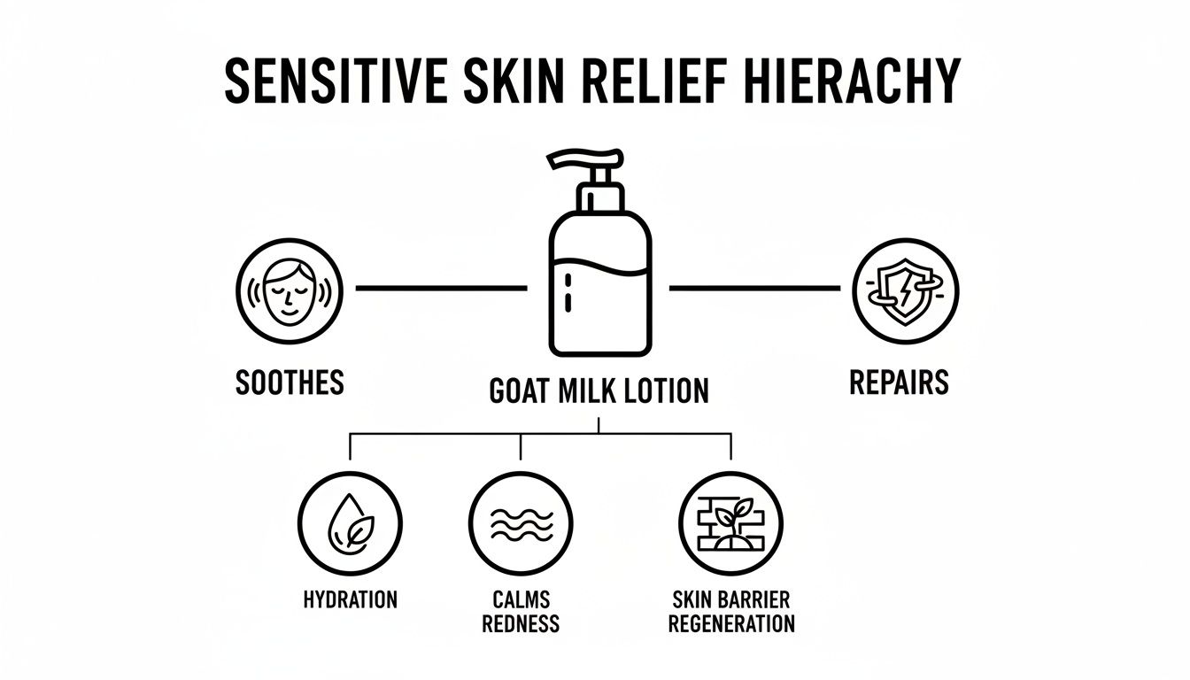 Sensitive skin relief hierarchy diagram showing goat milk lotion benefits: soothing, repairing, hydrating, calming redness, and skin barrier regeneration.