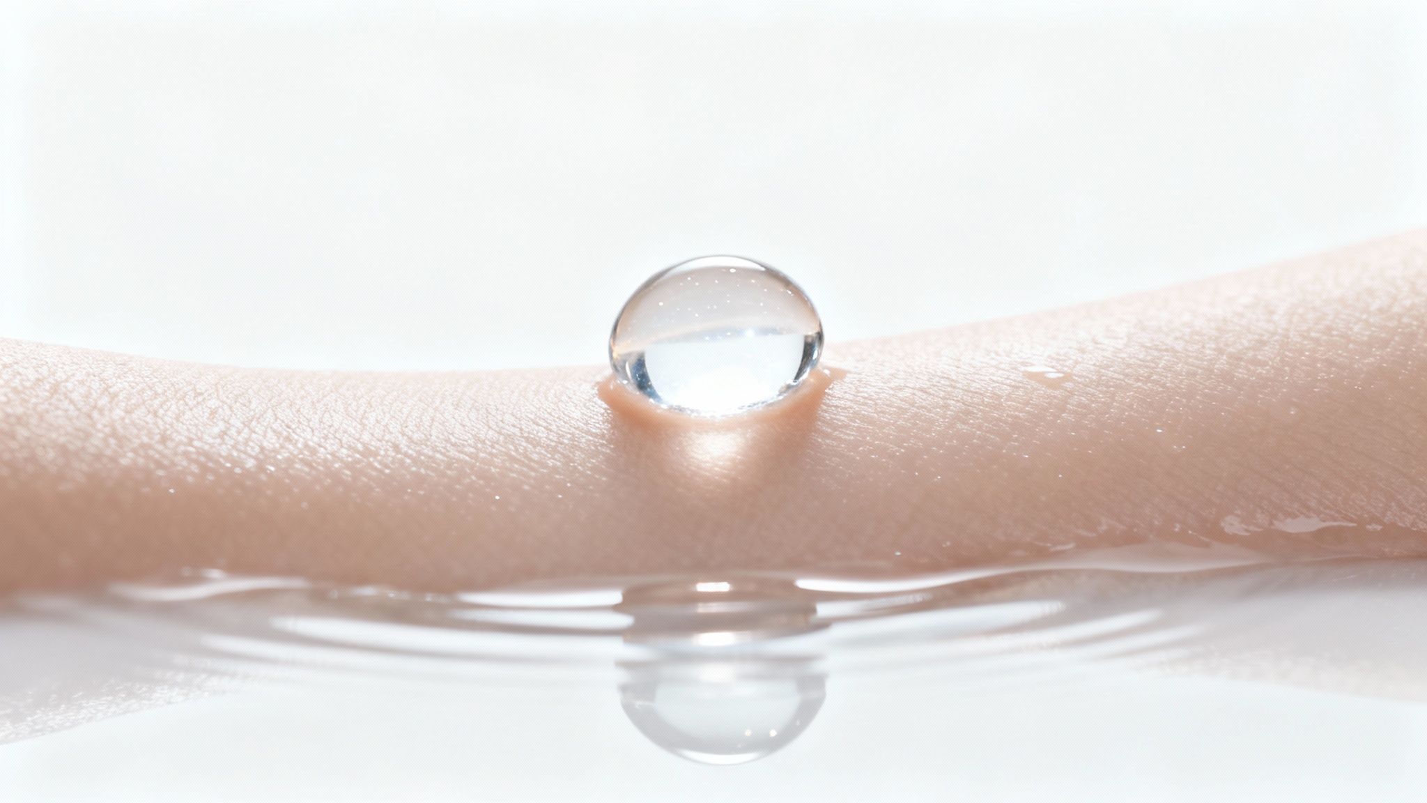 A perfectly round water droplet resting on human skin, reflecting on the water surface below.