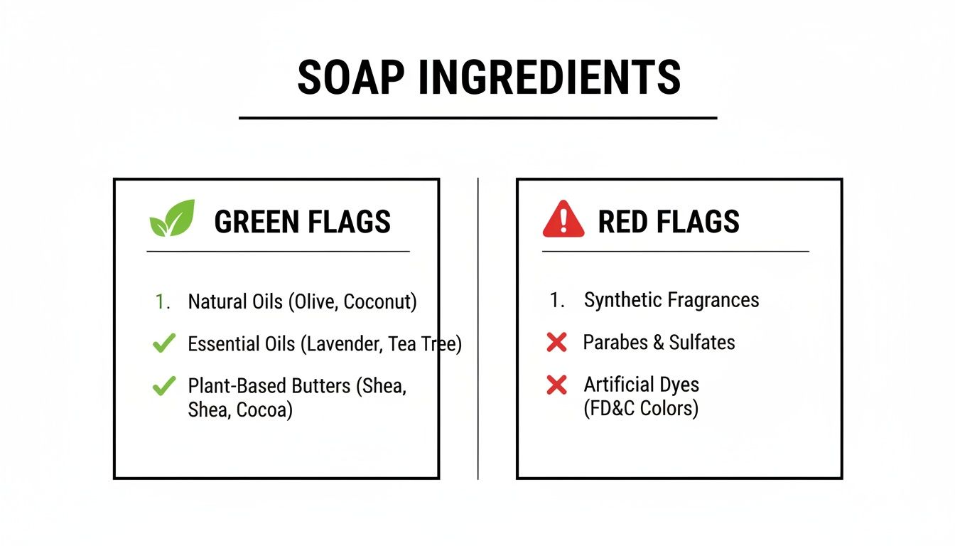 A visual guide to soap ingredients, featuring green flags for natural and essential oils, and red flags for synthetics.