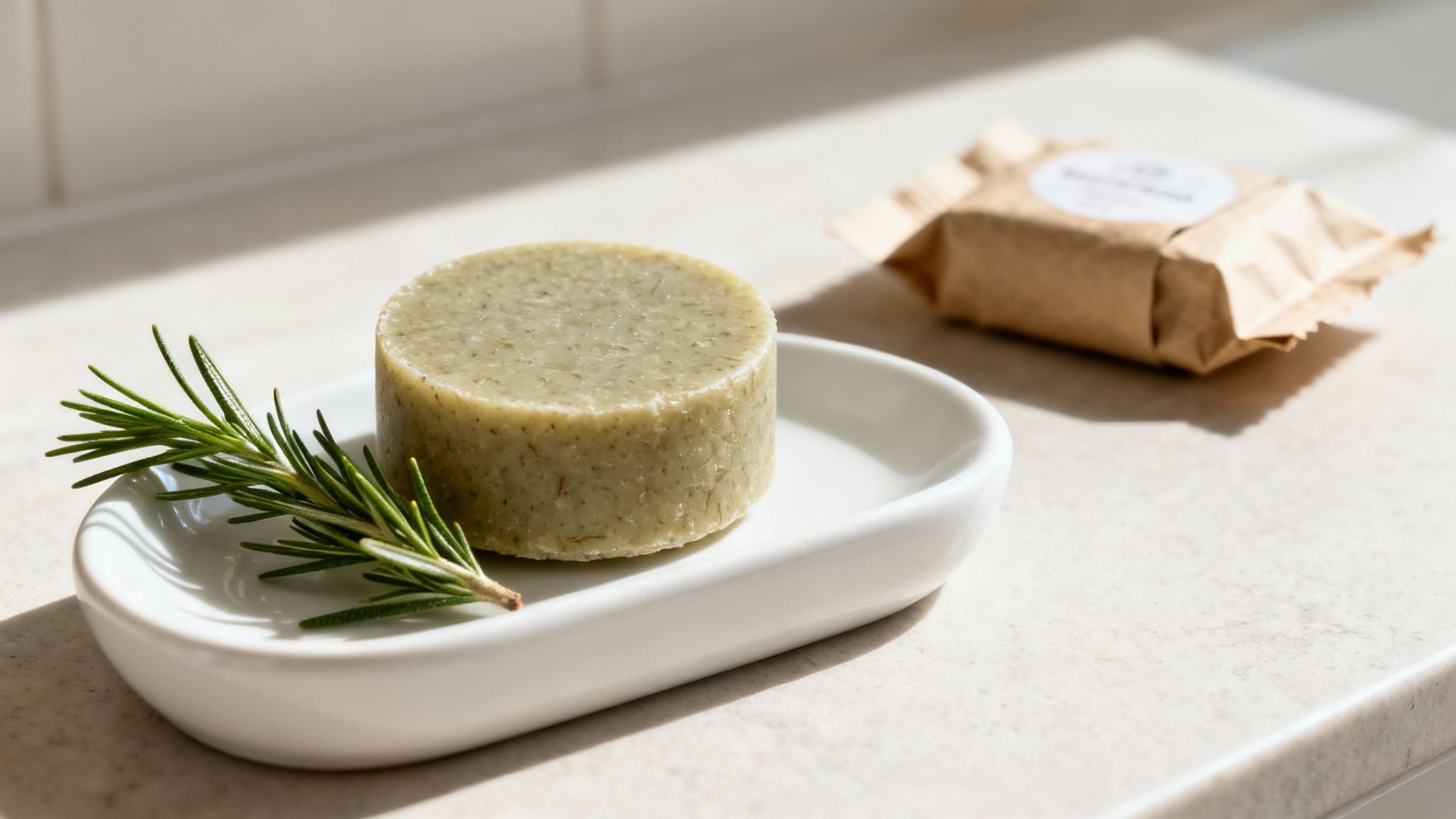 A natural rosemary shampoo bar on a white ceramic dish with a fresh rosemary sprig.