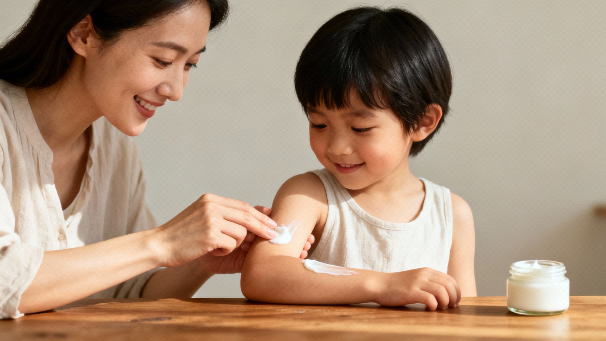 A smiling mother applies white lotion to her young son's arm, promoting healthy skin.