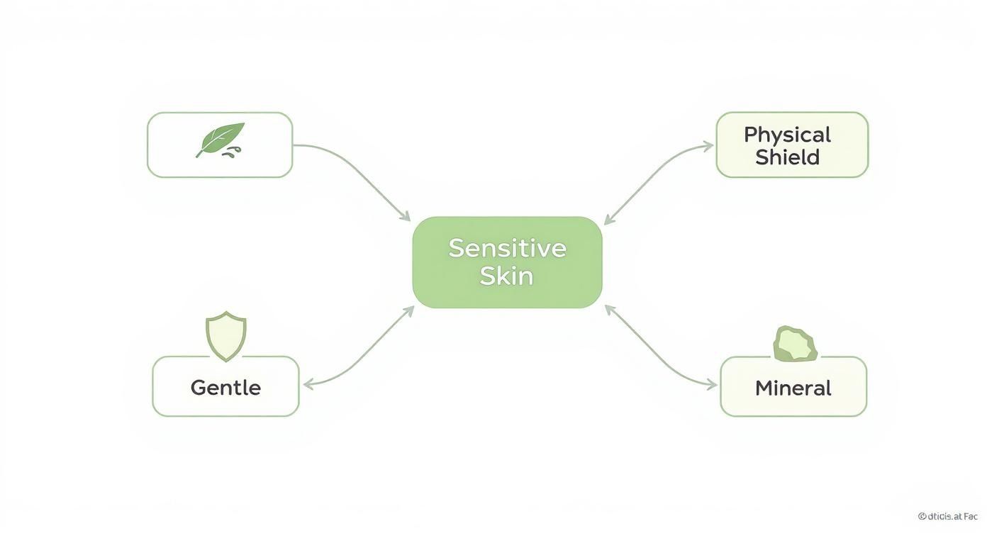 Diagram showing four key sunscreen features for sensitive skin: natural, physical shield, gentle, and mineral