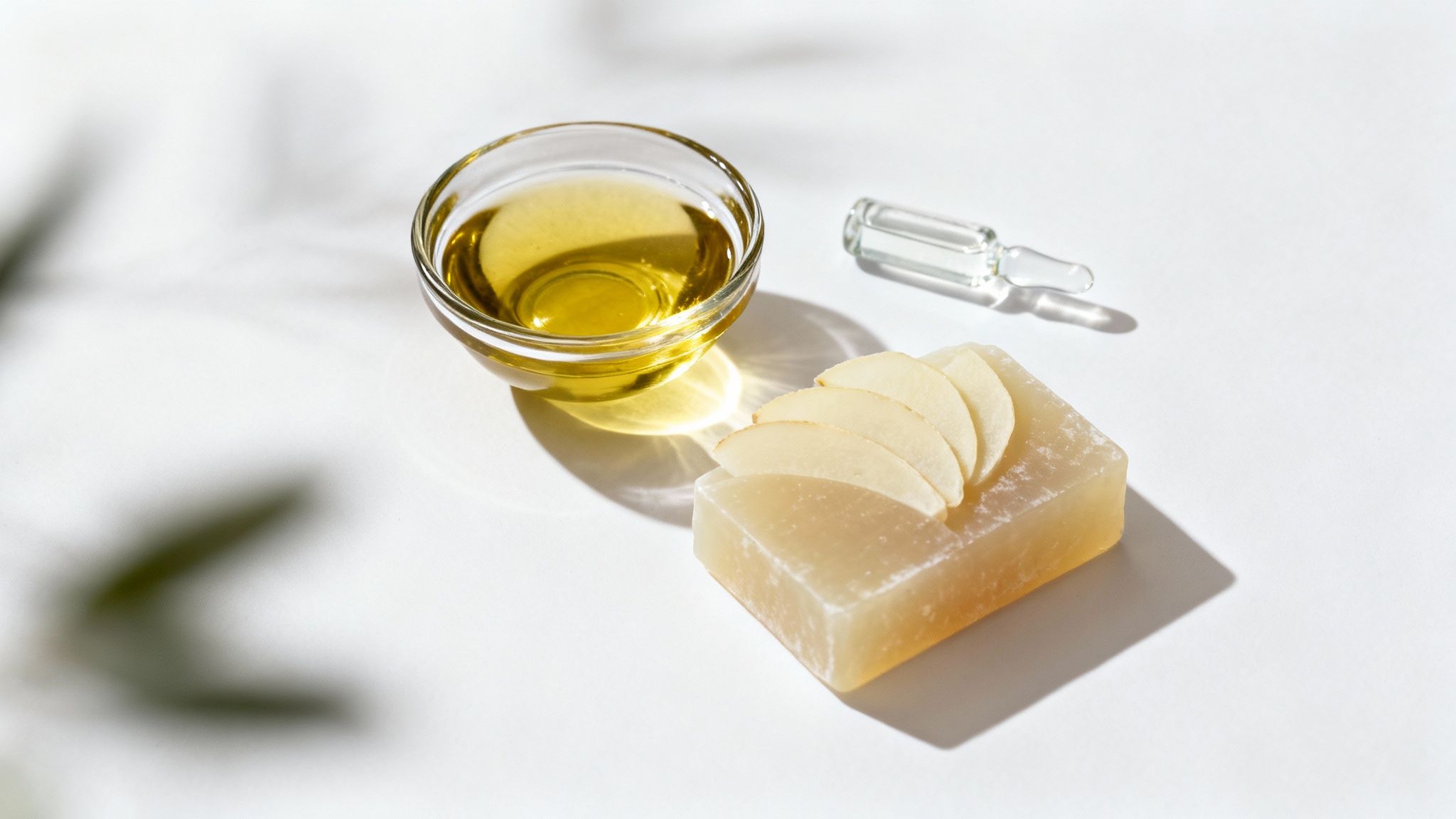 Natural soap making ingredients including golden oil in glass bowl and sliced glycerin soap bar