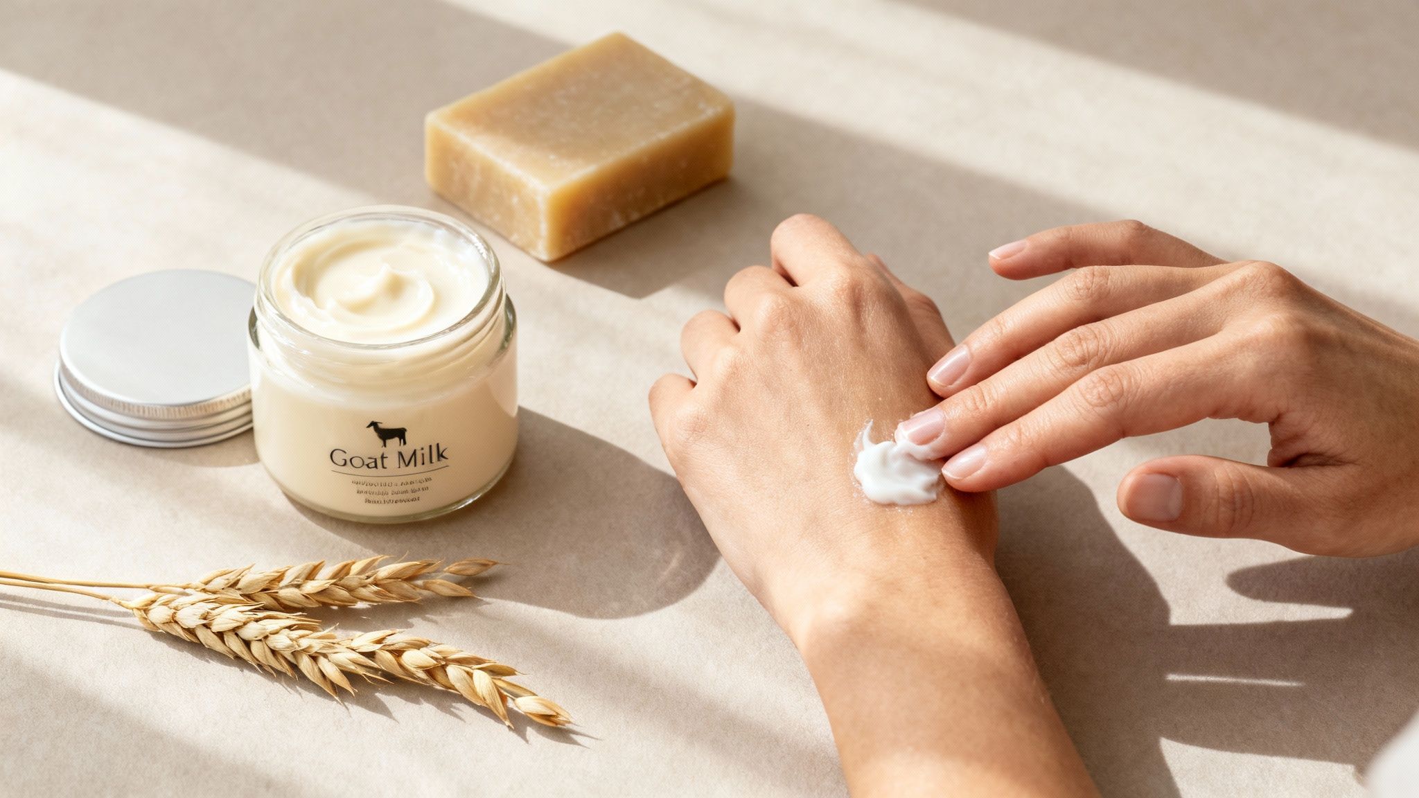 A person applies goat milk cream to their hand, with soap and wheat stalks nearby.