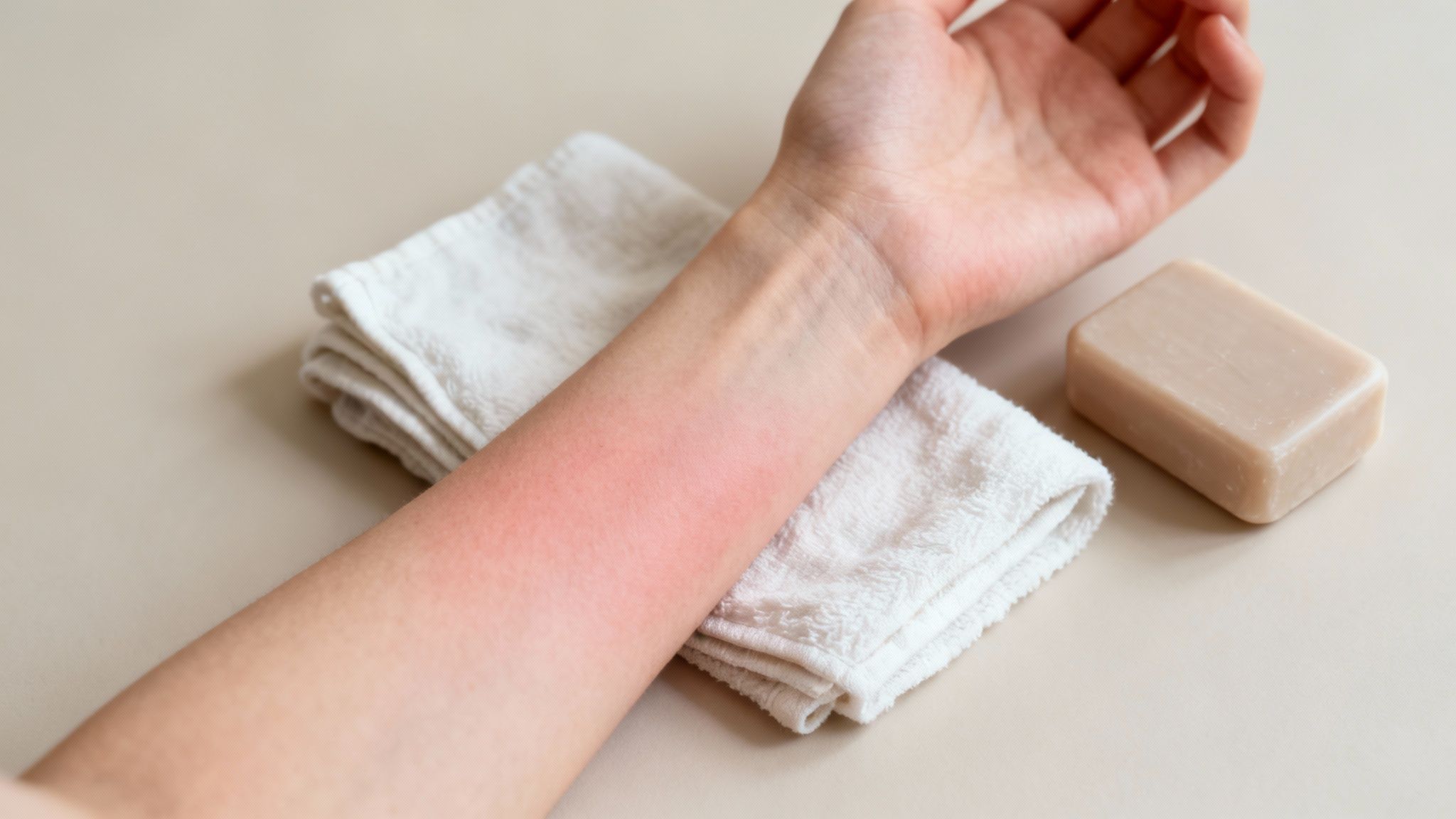A person's forearm displays red, irritated skin, placed next to white folded towels and a bar of soap.