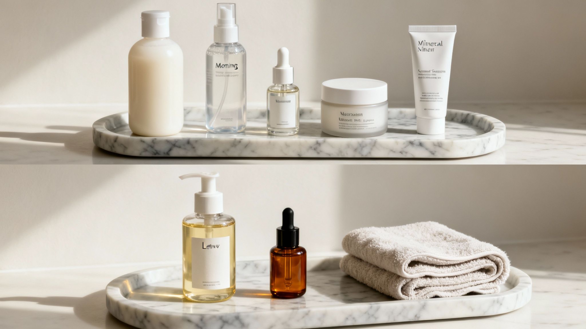 Natural skincare products on marble trays, including lotions, serums, oils, and neatly folded towels.