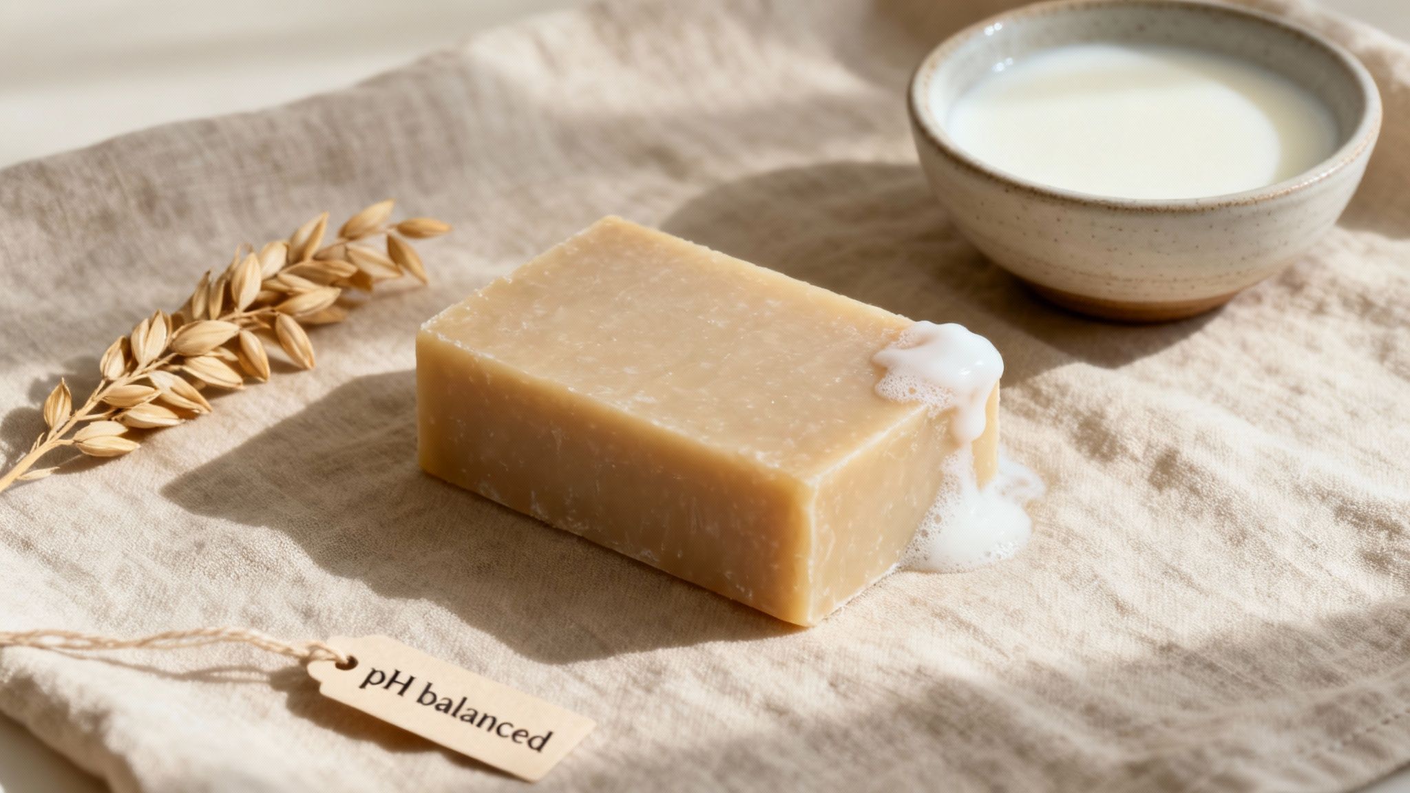 Natural pH balanced soap bar with oat grain and milk bowl on linen cloth
