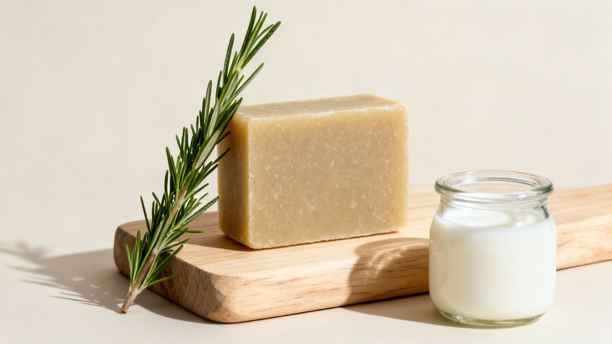 A bar of natural soap with a rosemary sprig and a jar of milk on a wooden board.
