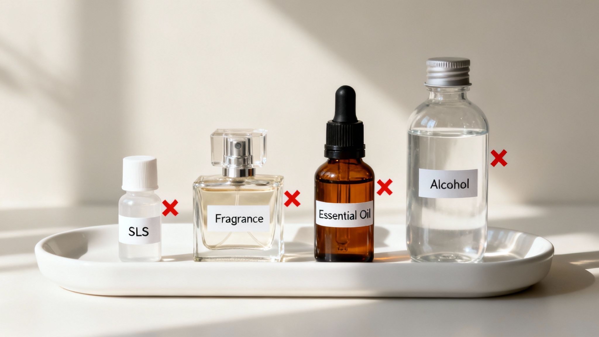Four bottles labeled SLS, Fragrance, Essential Oil, and Alcohol, all marked with red crosses on a white tray.