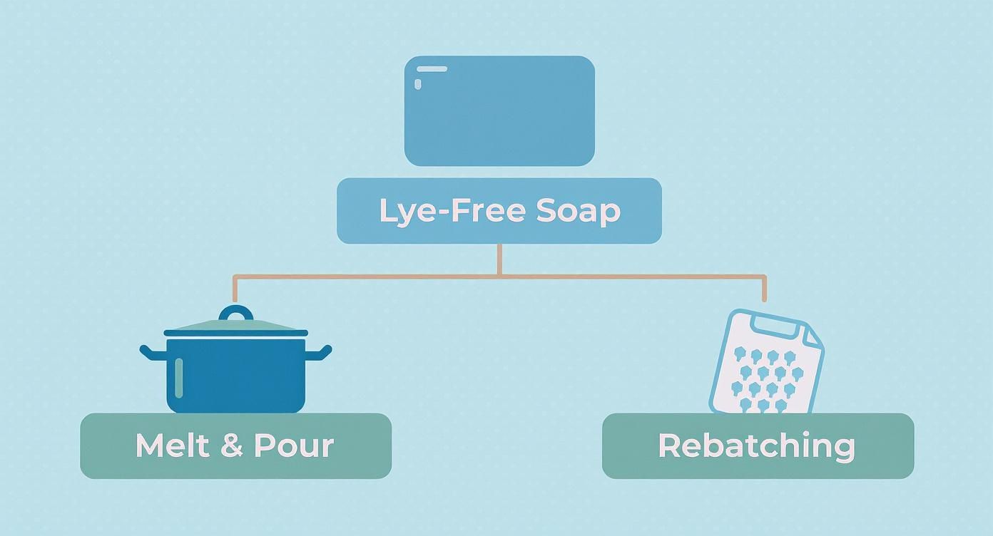 Diagram showing two methods of making lye-free soap: melt and pour method and rebatching process