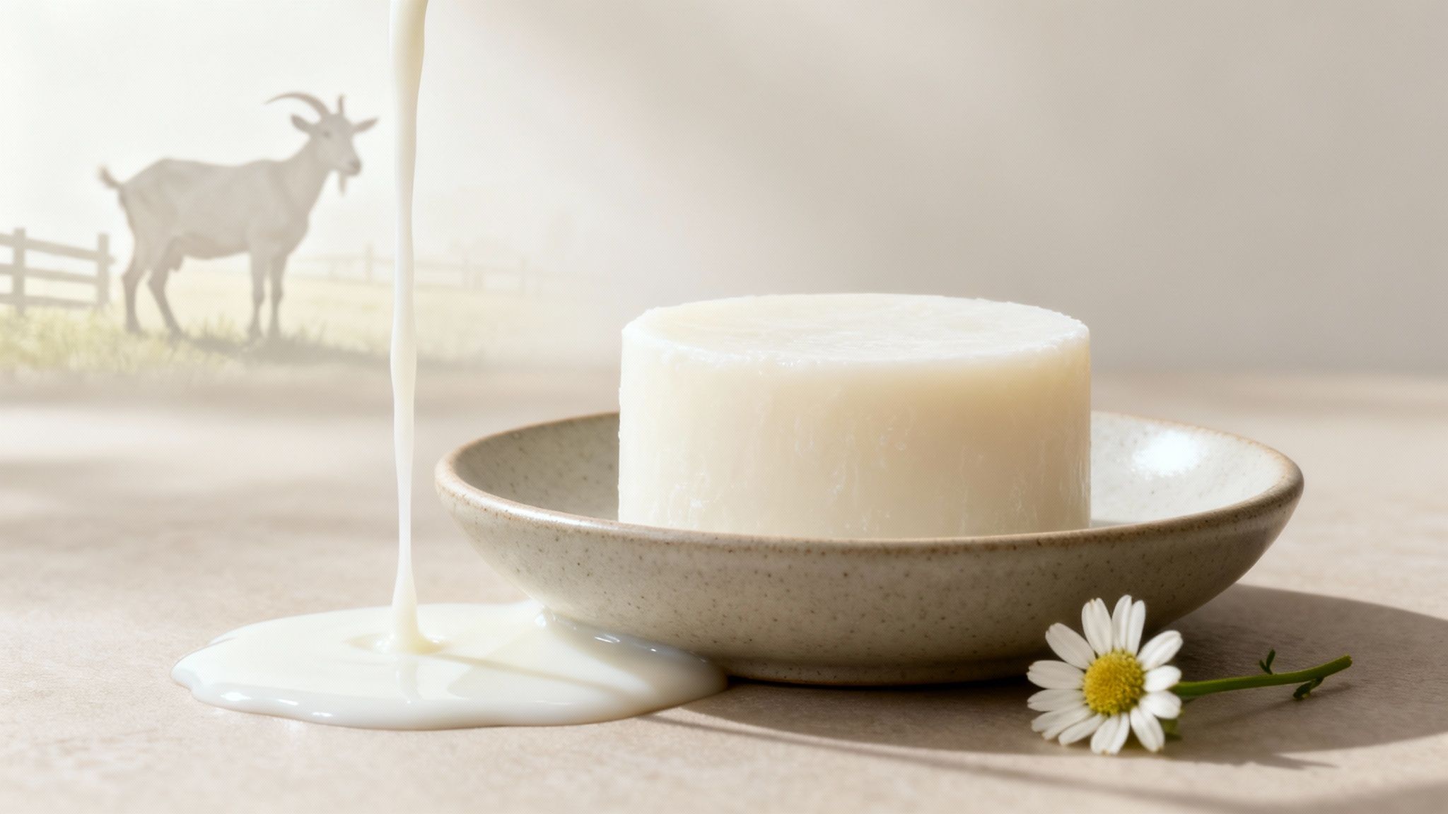 A solid white shampoo bar in a bowl, with goat milk pouring and a daisy flower.