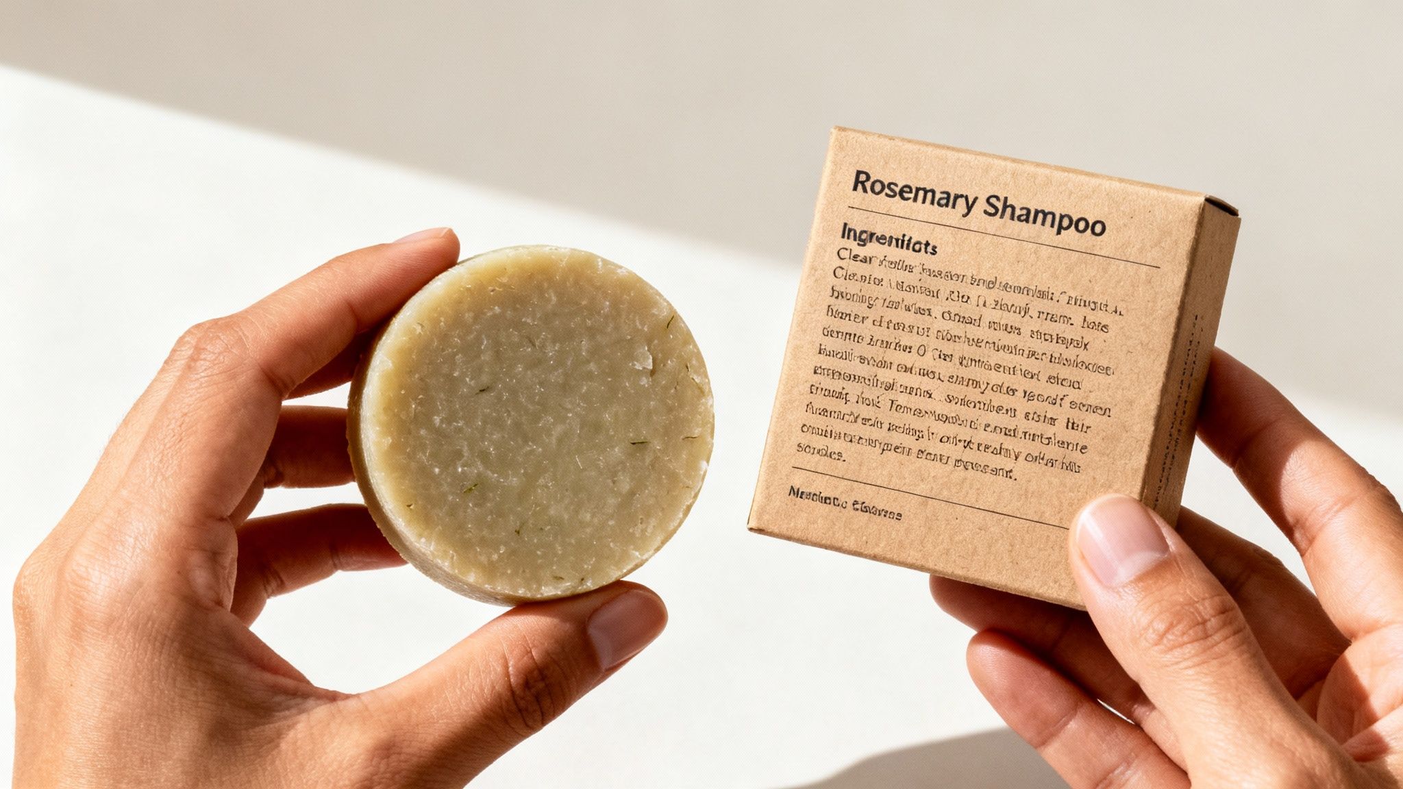 Two hands hold a round rosemary shampoo bar and its brown recyclable cardboard packaging.