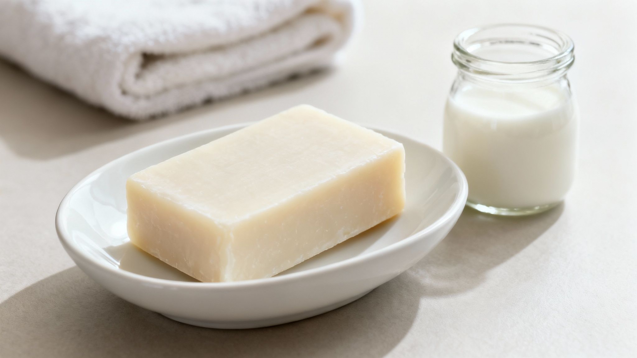 A bar of white goat milk soap on a ceramic dish, with a white towel and milk jar.
