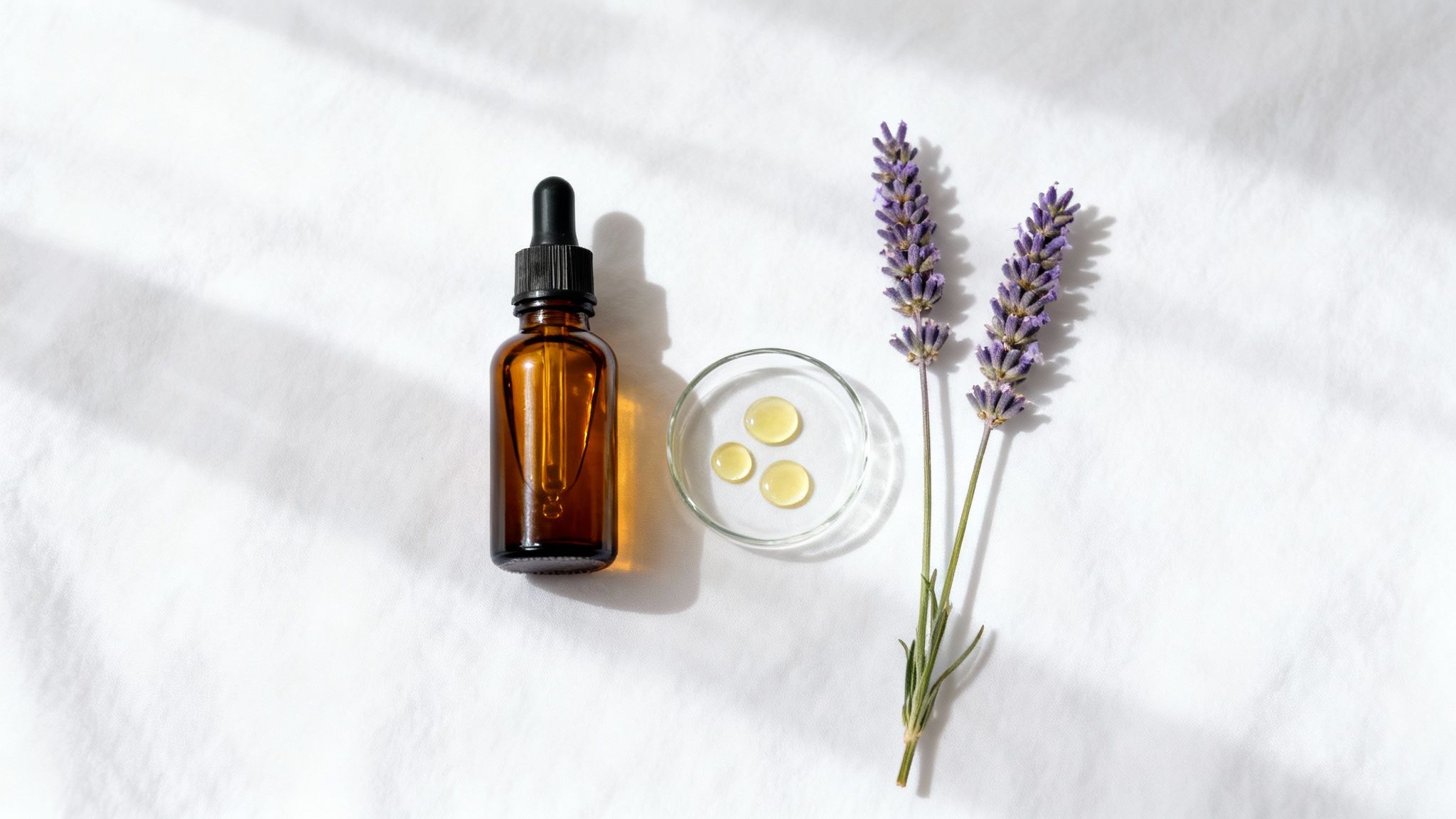 Lavender flowers, essential oil dropper bottle, and oil drops in a dish on white.