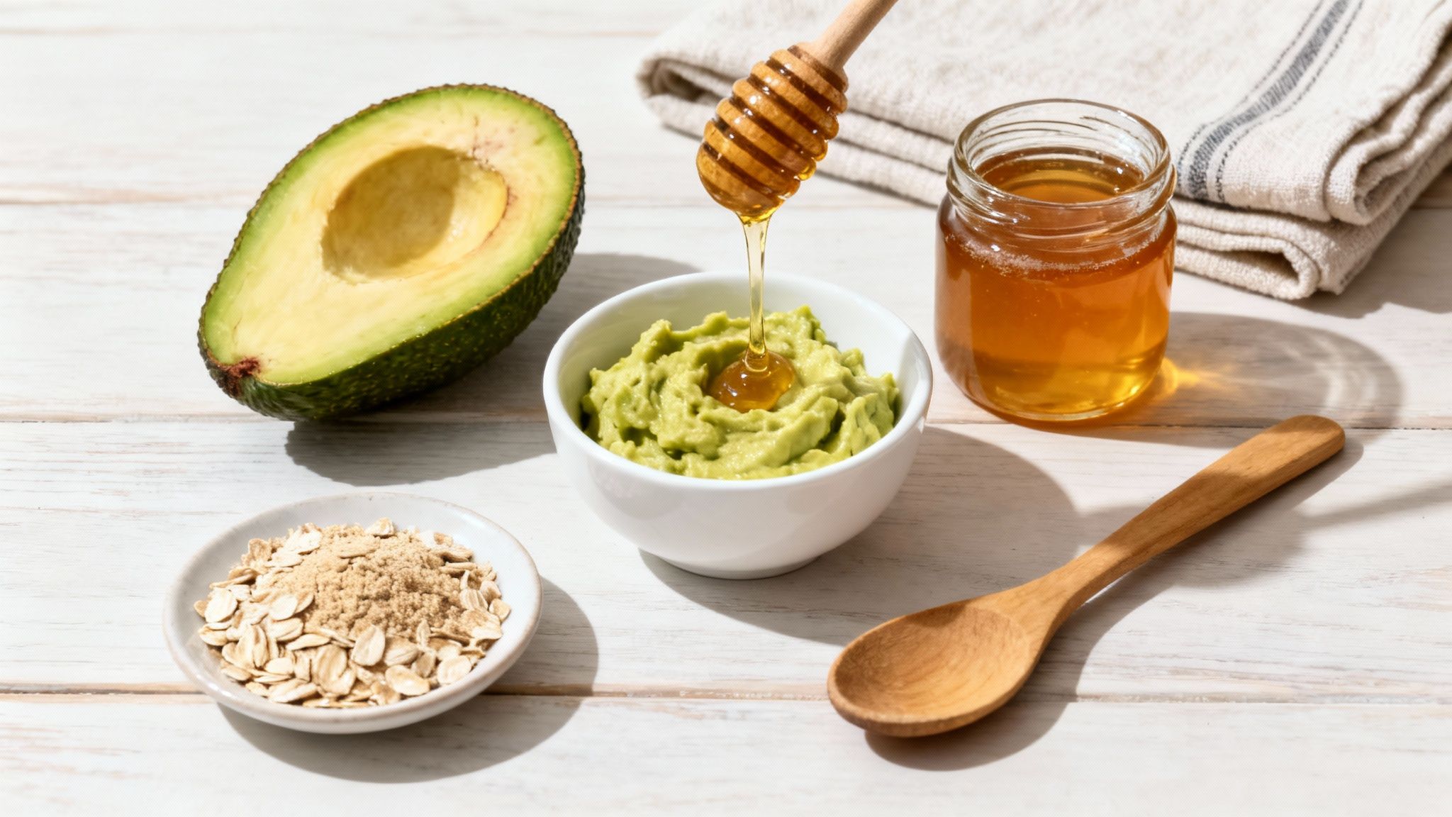 Ingredients for a natural avocado and honey face mask with oats on a white wooden table.
