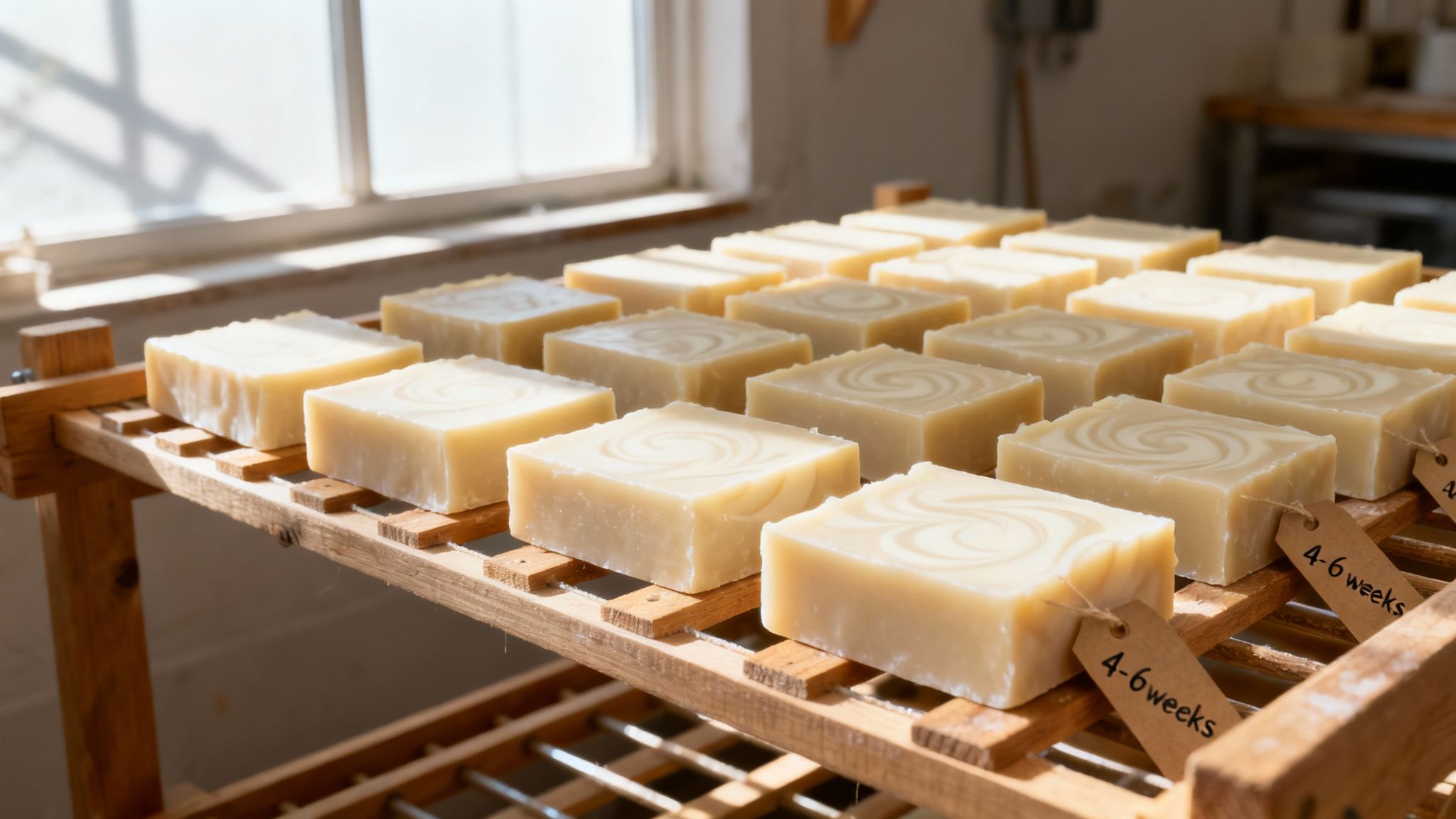 Many artisan goat milk soap bars with swirl tops curing on wooden shelves by a window.