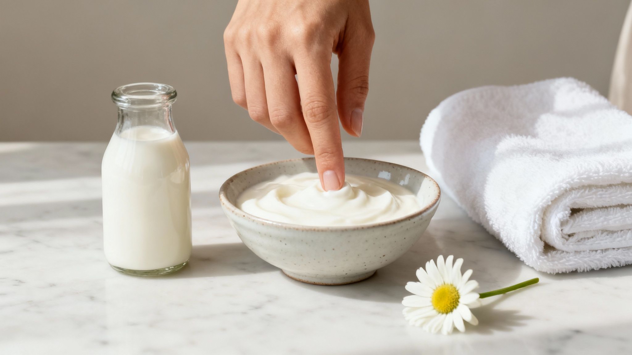 A hand dips a finger into a bowl of creamy substance, with a milk bottle, white towel, and daisy.