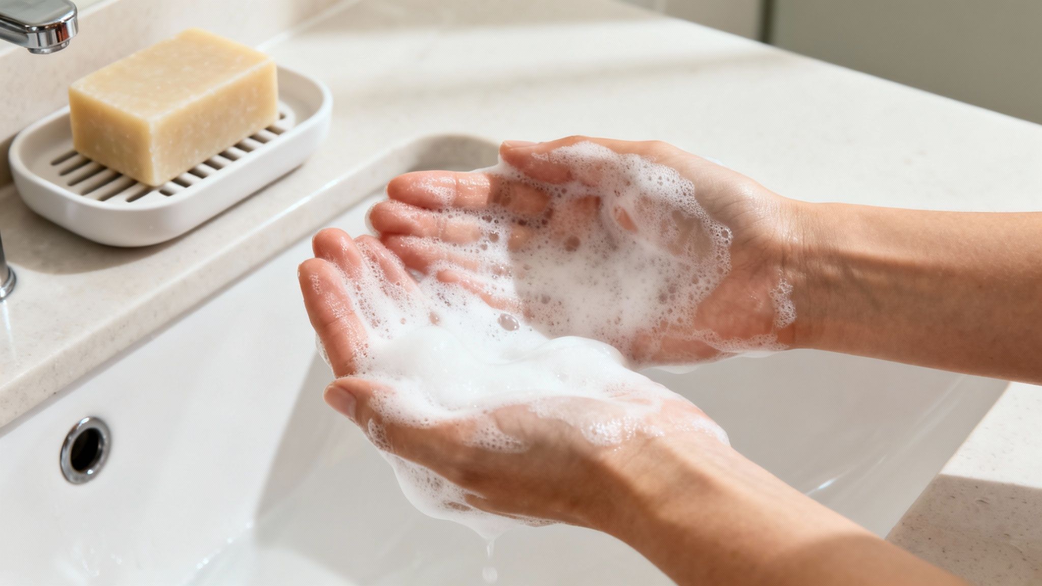Close-up of hands lathering natural bar soap with rich foam in a clean white sink.