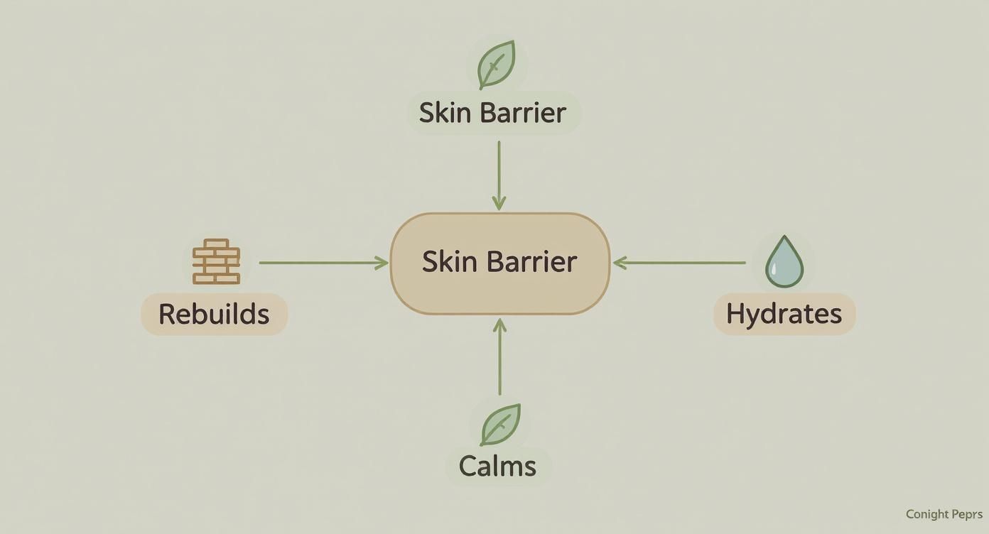 A diagram illustrating the functions of a healthy skin barrier: rebuilds, hydrates, and calms.