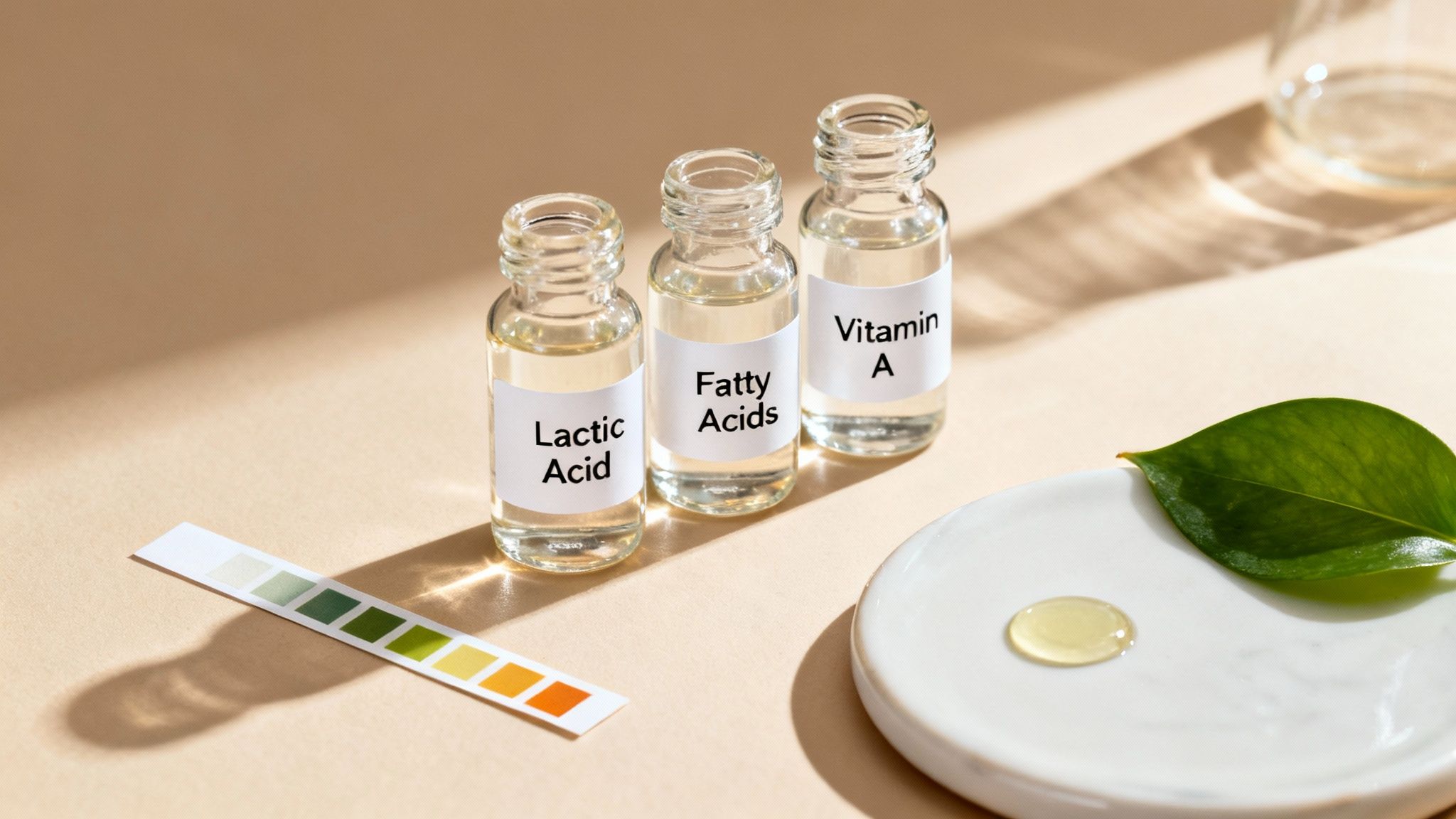 Three labeled bottles of Lactic Acid, Fatty Acids, Vitamin A, with a pH strip and a leaf.