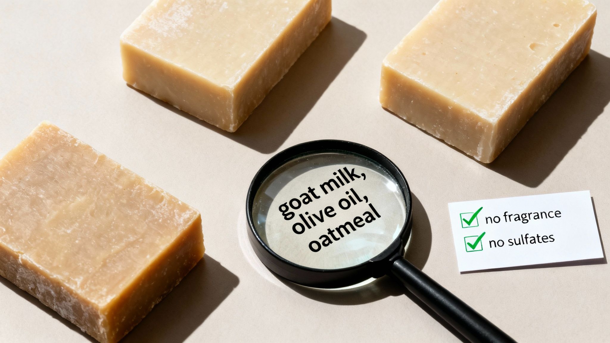 Natural goat milk soap bars with ingredients label showing olive oil and oatmeal, fragrance-free and sulfate-free