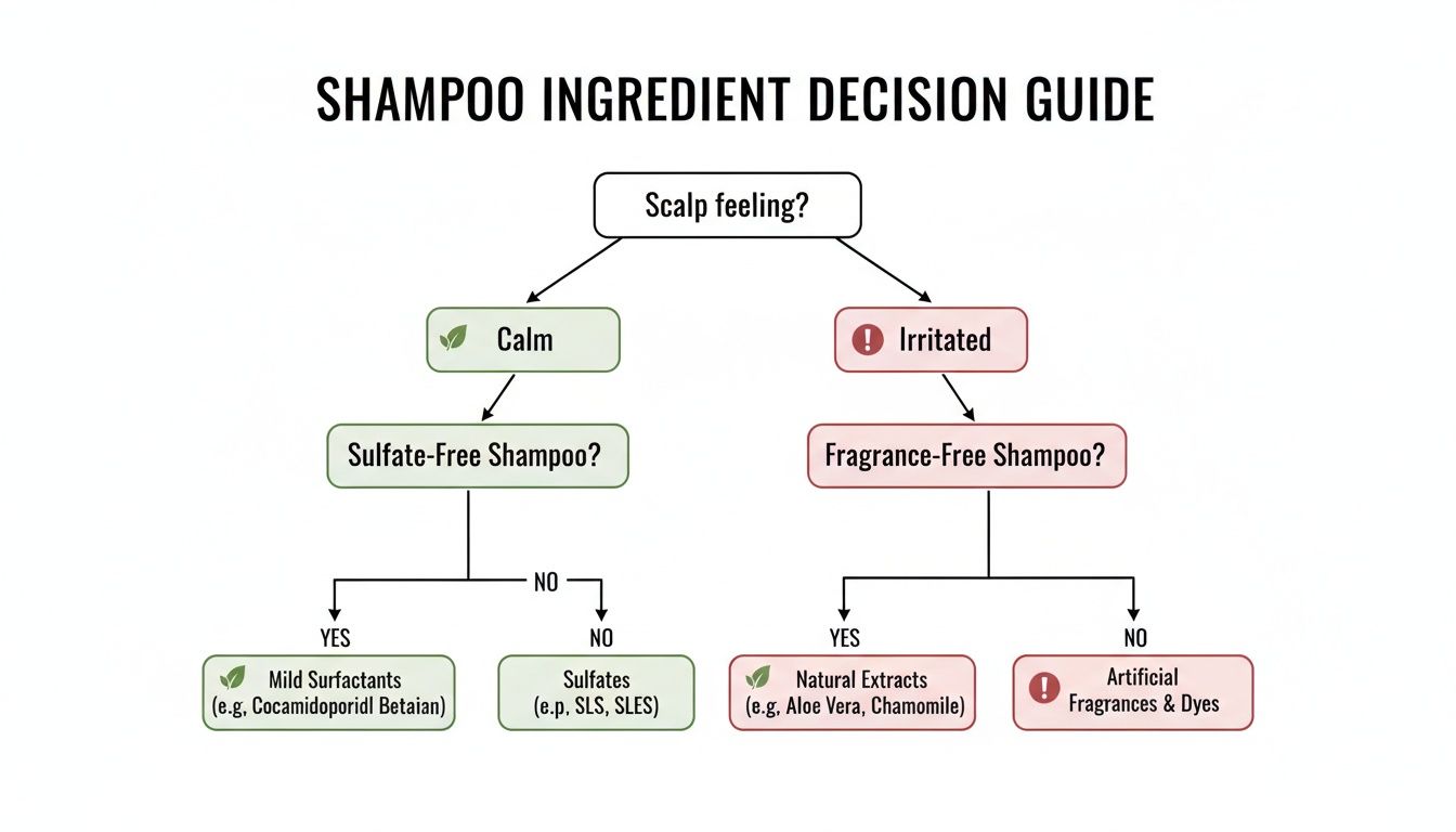 Flowchart guide for selecting shampoo ingredients based on scalp feeling, recommending sulfate-free or fragrance-free options.