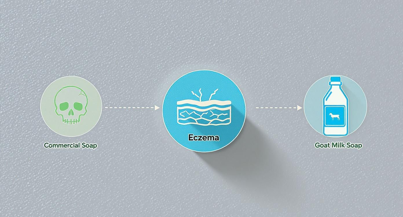 Diagram showing commercial soap causes eczema while goat milk soap provides relief and healing
