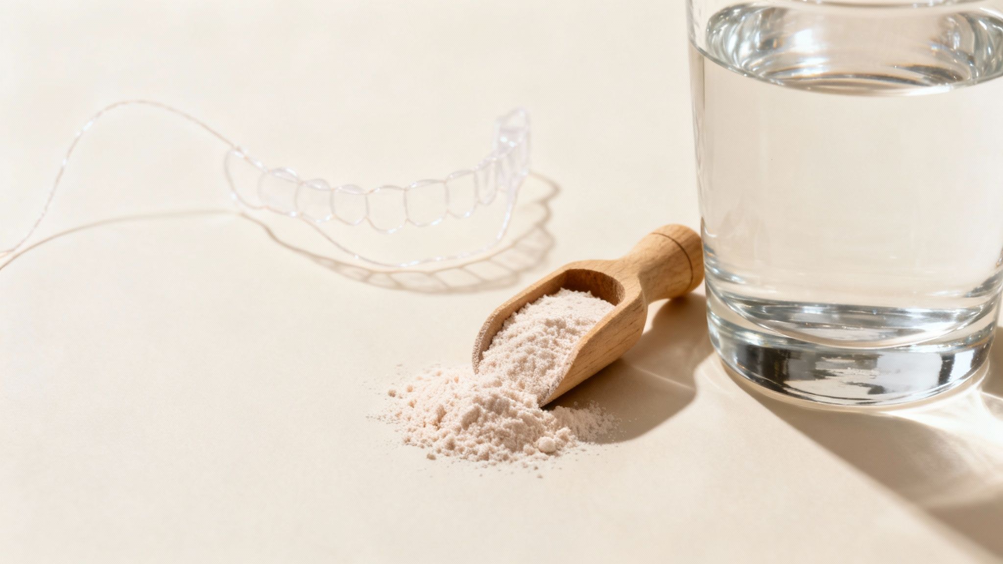 A wooden scoop with pink collagen powder next to a glass of water and a dental aligner.