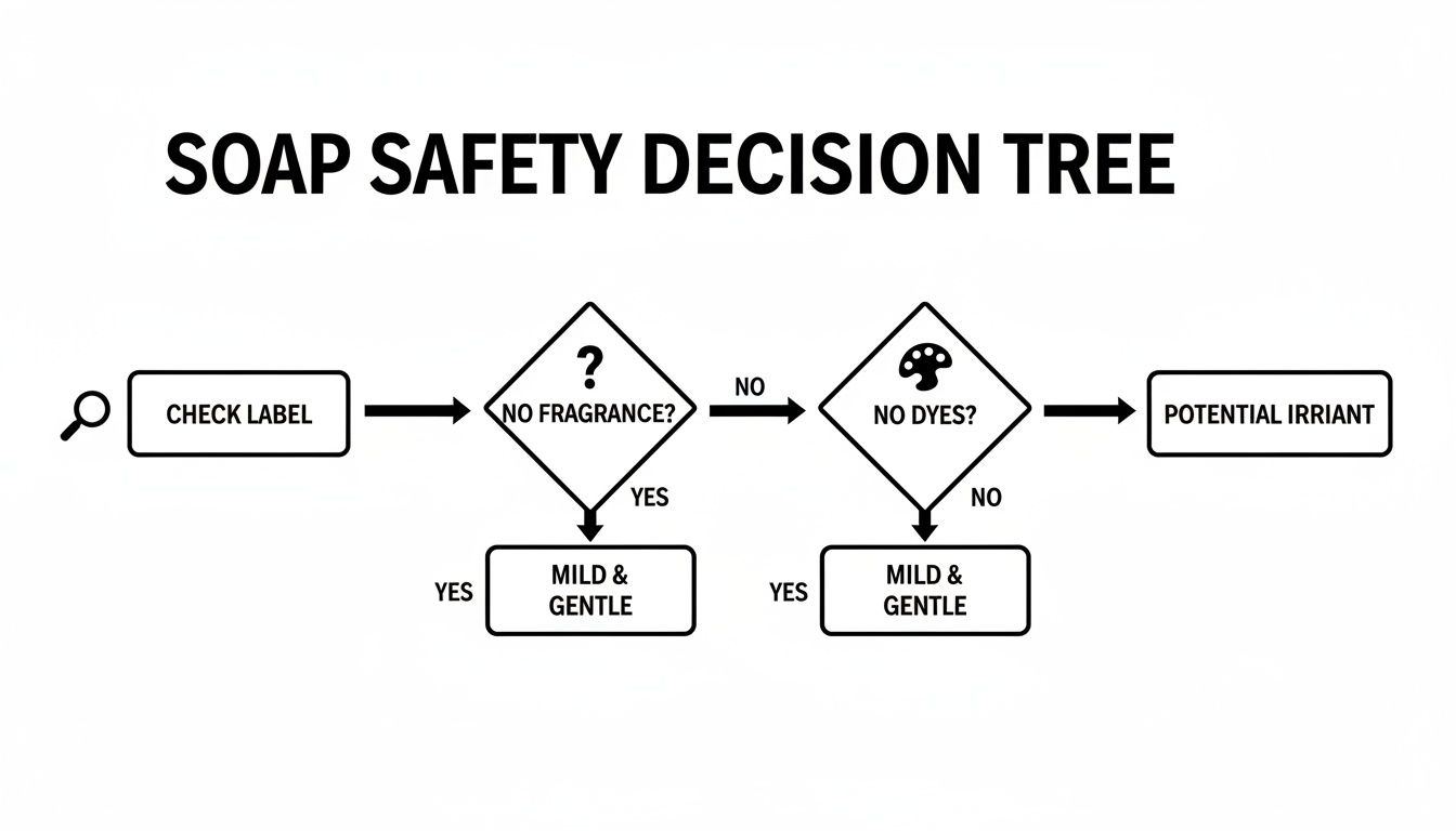A flowchart titled 'SOAP SAFETY DECISION TREE' guides users on choosing mild and gentle soap based on fragrance and dye.