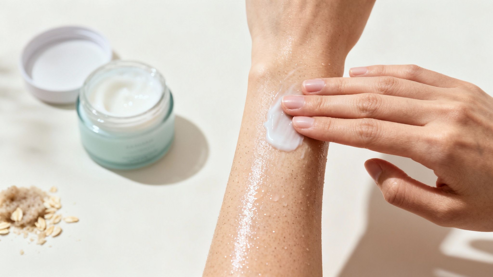 A hand applies white cream to a wet arm, with an open jar of cream and oats nearby.