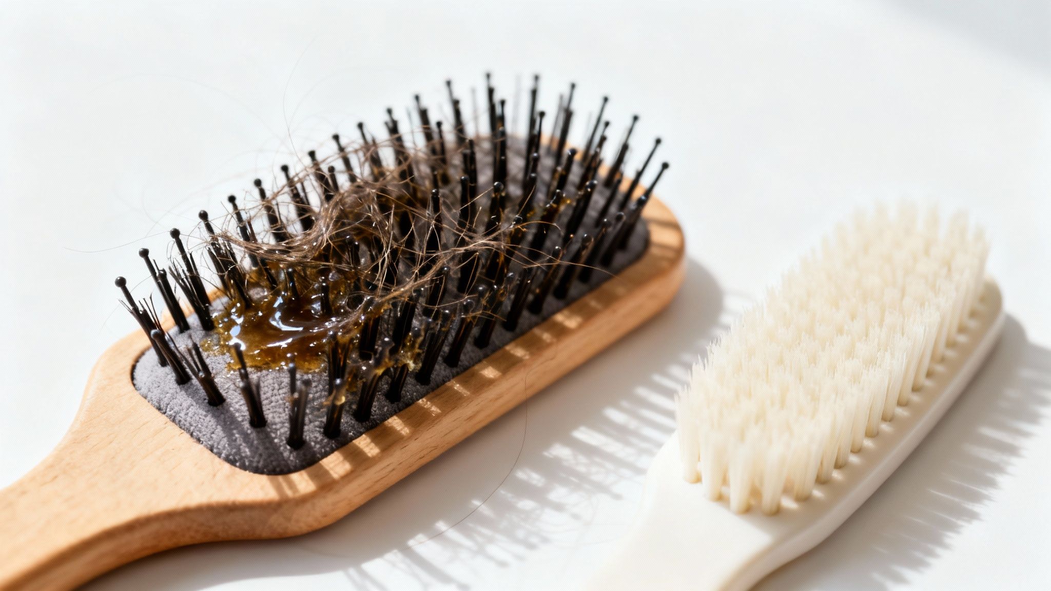 Two hairbrushes: one paddle brush full of tangled hair and grime, the other clean with soft white bristles.