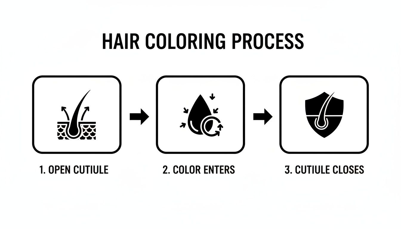 A three-step diagram illustrates the hair coloring process: opening cuticle, color entering hair, and cuticle closing.