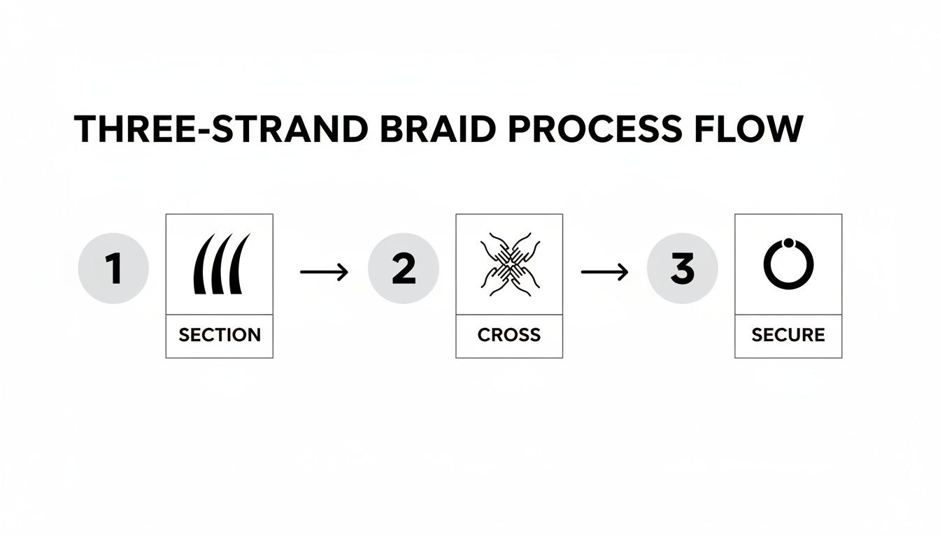 A diagram illustrates the three-strand braid process flow with steps: Section, Cross, and Secure.